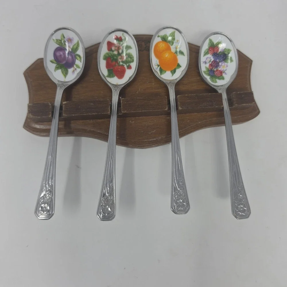 Vintage Avon Fruit de Saison Collector Spoons- Set of 4 with Wooden Rack - Japan